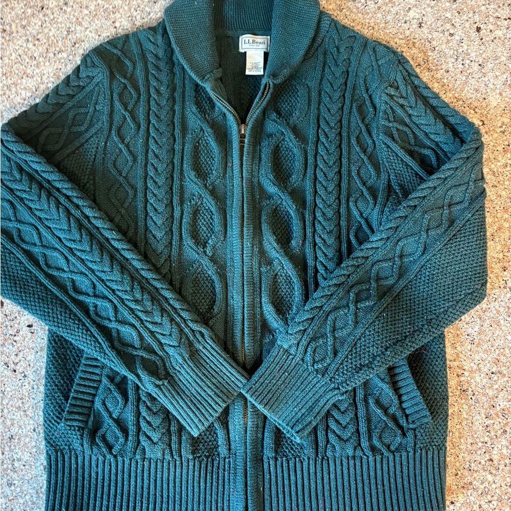 L.L. Bean Men's forest green / teal Zip-Up Cable Knit Sweater